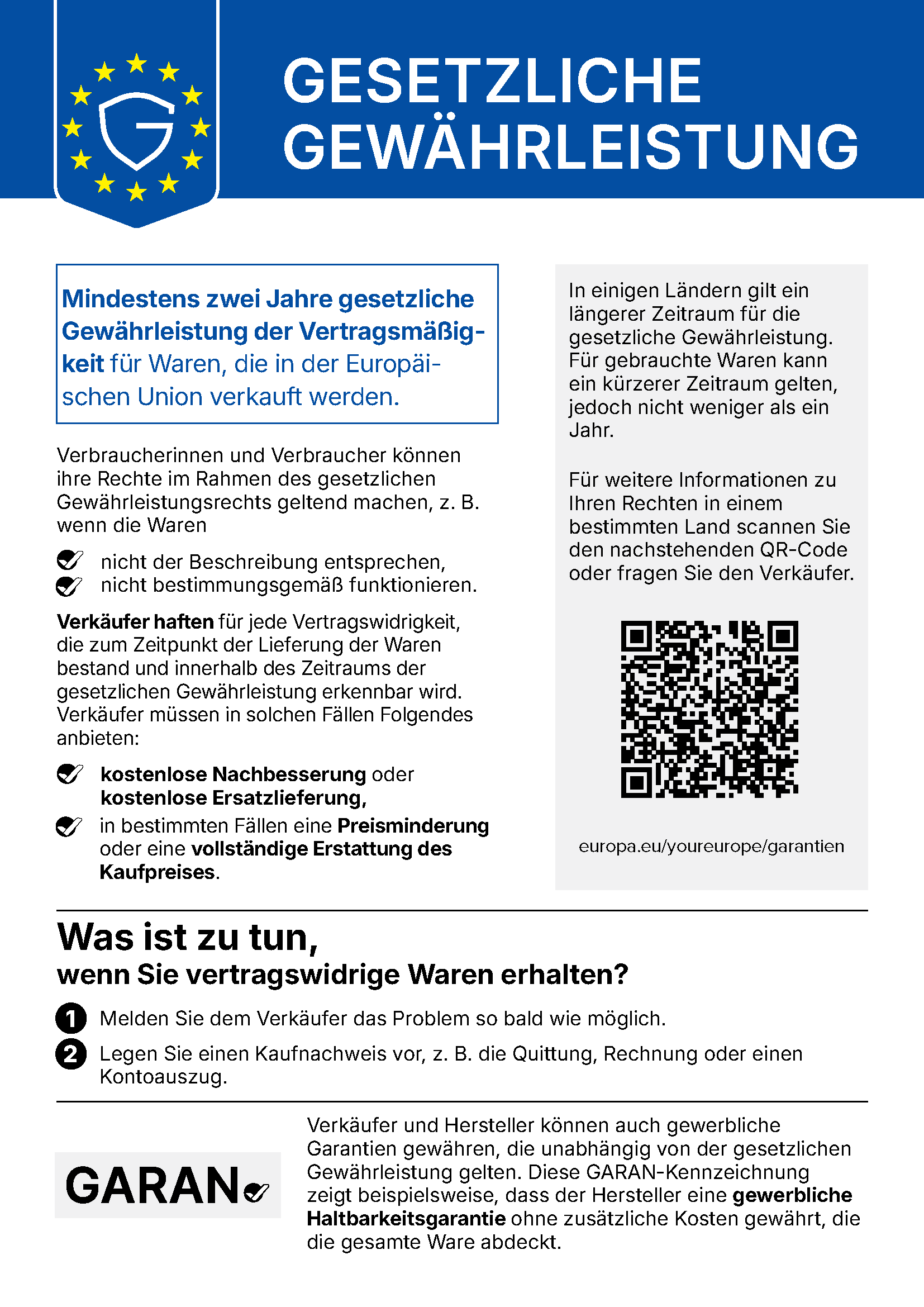 Gesetzliche Gewährleistung: Mindestens zwei Jahre gesetzliche Gewährleistung der Vertragsmäßigkeit für Waren, die in der Europäischen Union verkauft werden — Ihre Rechte als Verbraucher (EU-einheitliche Mitteilung)